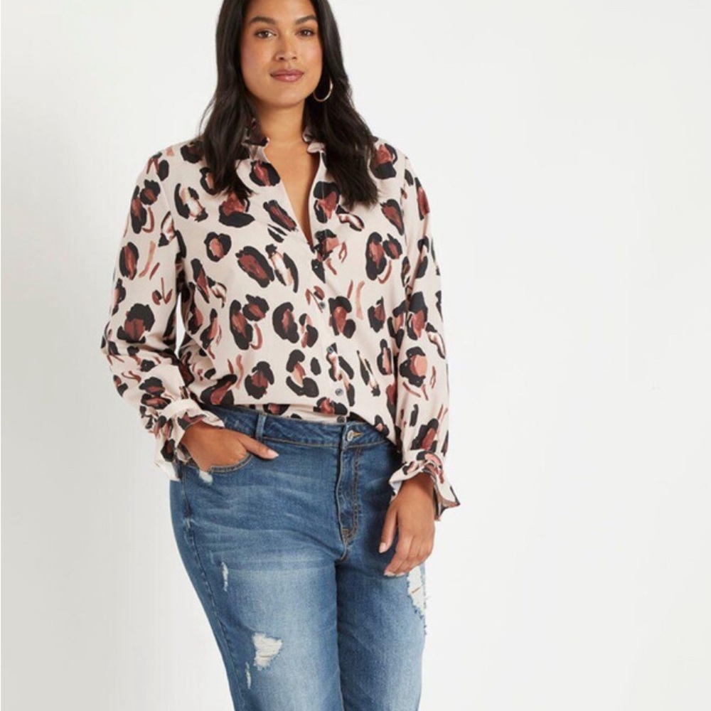 Printed Button Down Shirt with Ruffle Neck Size 14